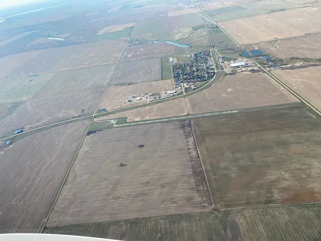 Aerial view of Lucky Lake and surrounding farmland